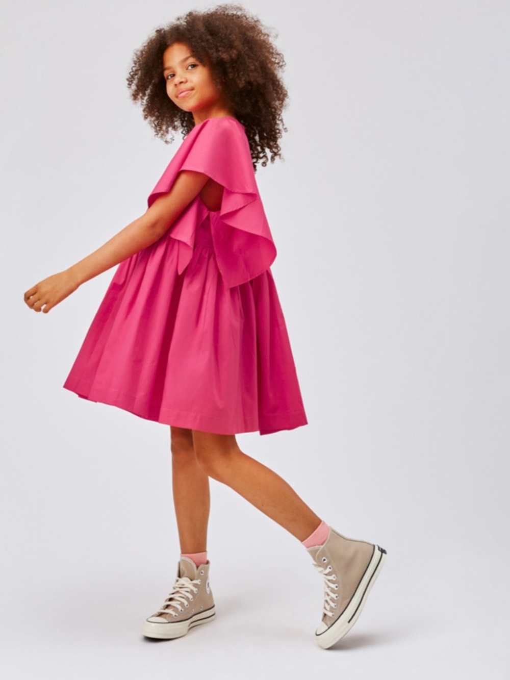 Molo Girls Christina Dress Hot Pink Ruffle Sleeves  Organic Cotton Size 7/8
